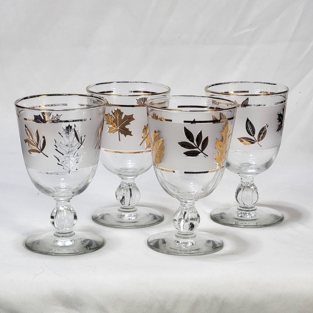 Libbey Golden Leaf Foliage Frosted Wine Water Glasses Set of 4 MCM VTG